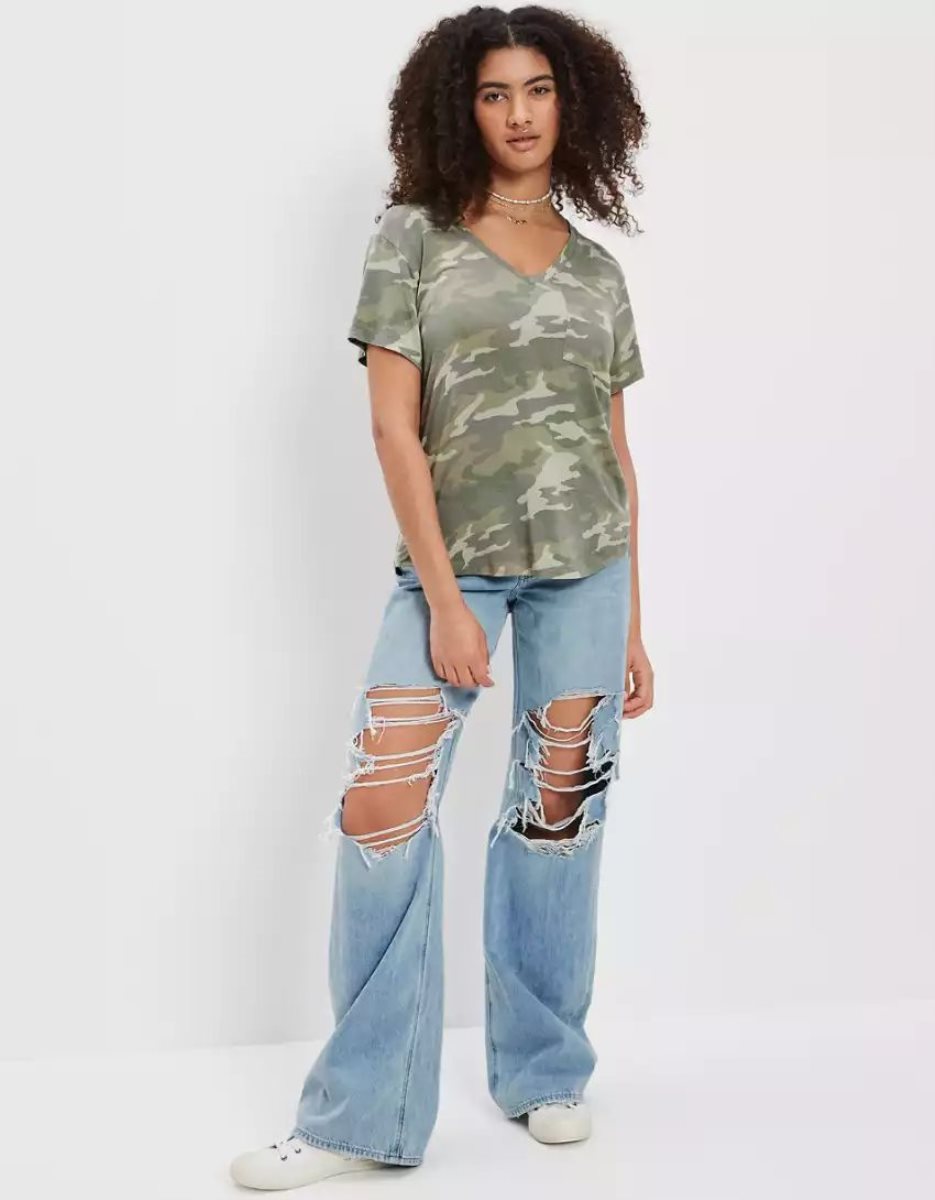 T Shirts American Eagle AE Soft & Sexy V-Neck Pocket Tee Camouflage Vert Femme | VJS-76949058